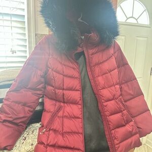 Calvin Klein Burgundy Puffer Jacket with Faux Fur Hood